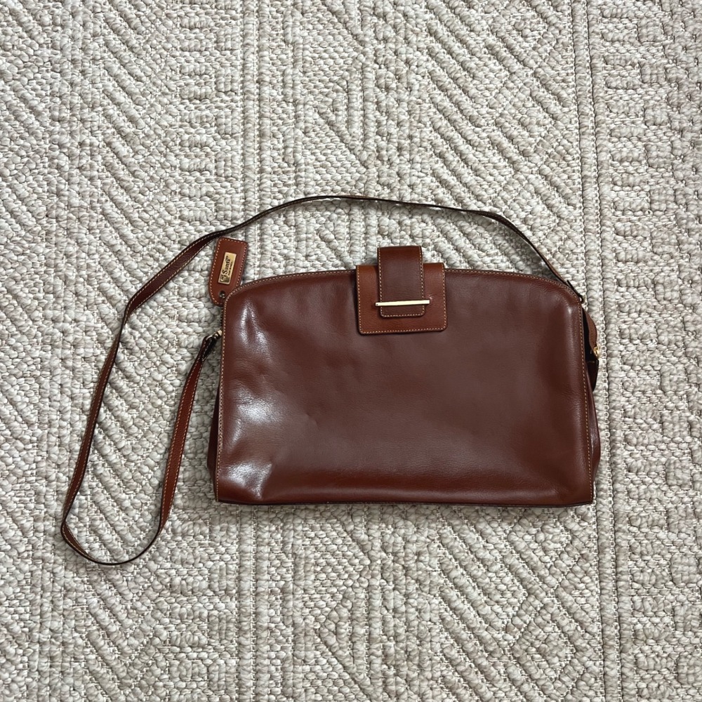 I Santi Italy Vintage Cognac Brown Leather Shoulder Bag Gold Hardware Satchel